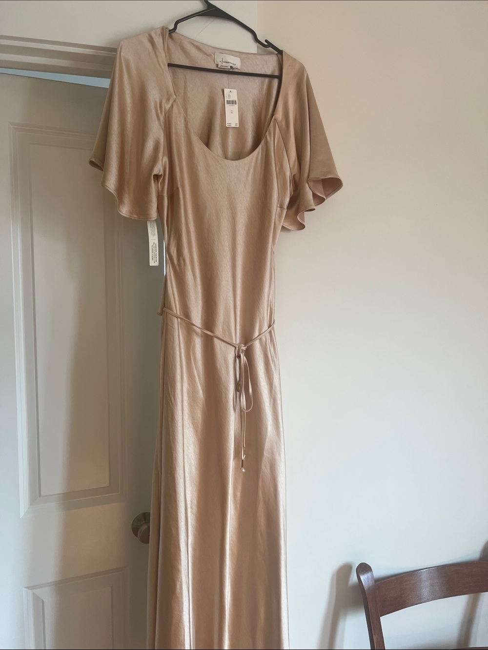 Anthropologie Elegant Champagne Satin Maxi Dress with Tie Waist NWT